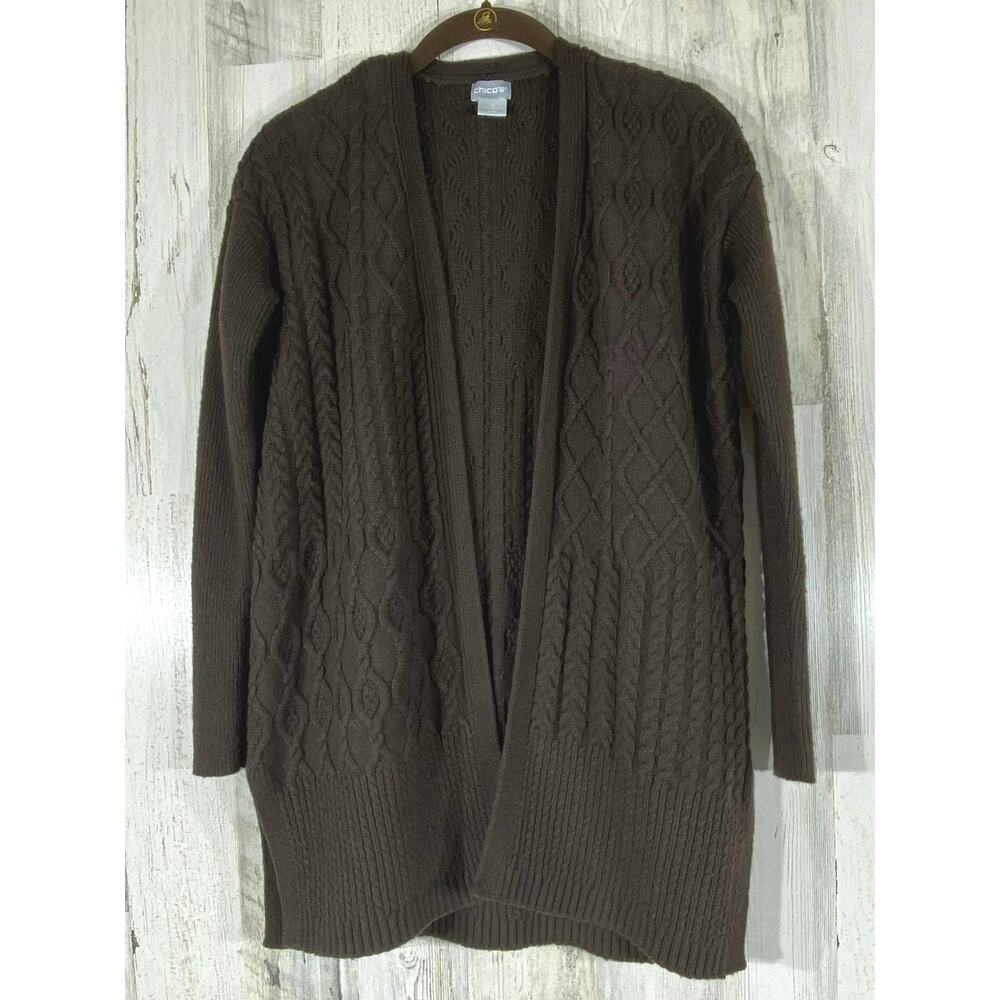 Chicos Cableknit Cardigan Sweater Size 0 or Small Brown Cashmere Wool Blend Open